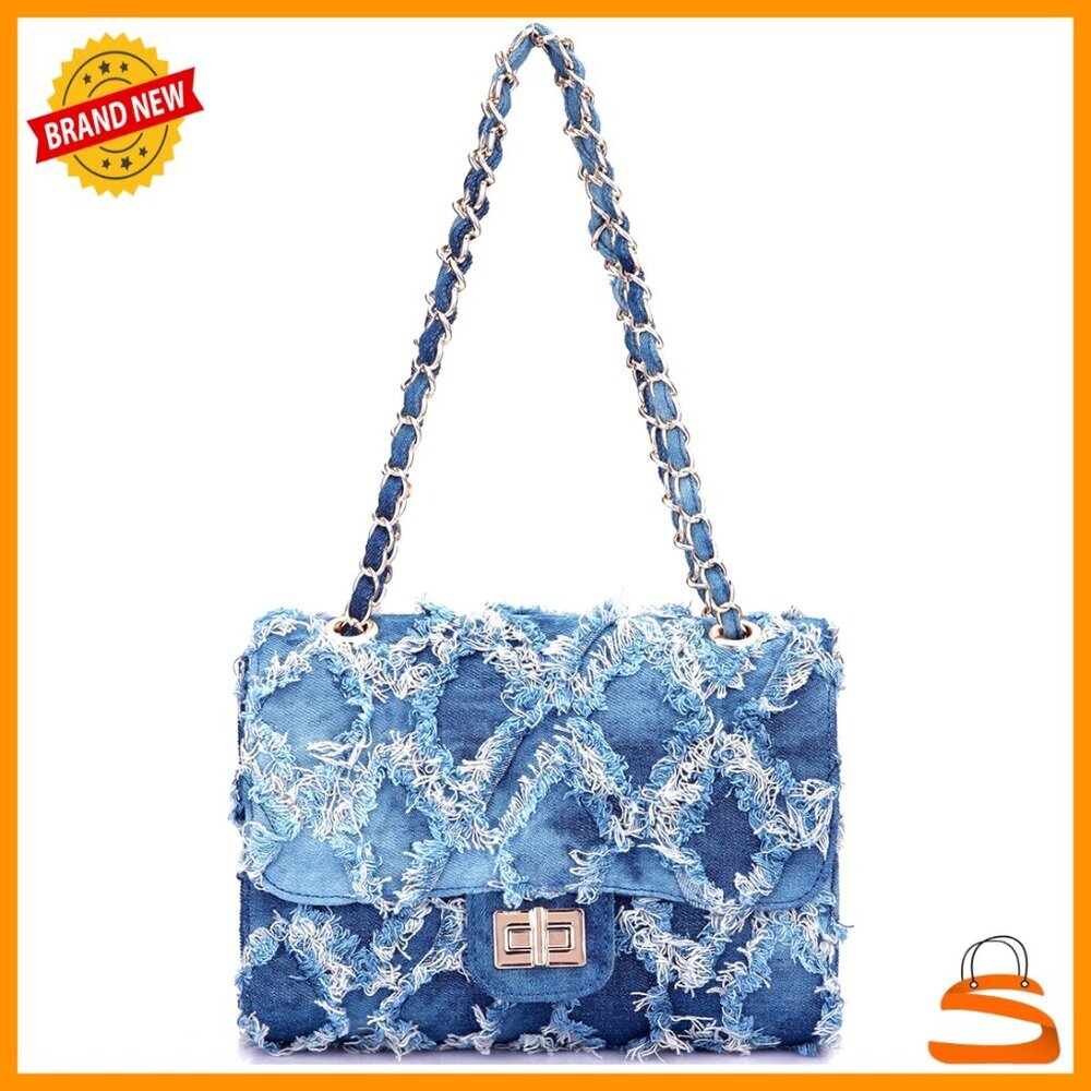Small Quilted Denim Crossbody Bag with Chain Strap Evening Purse